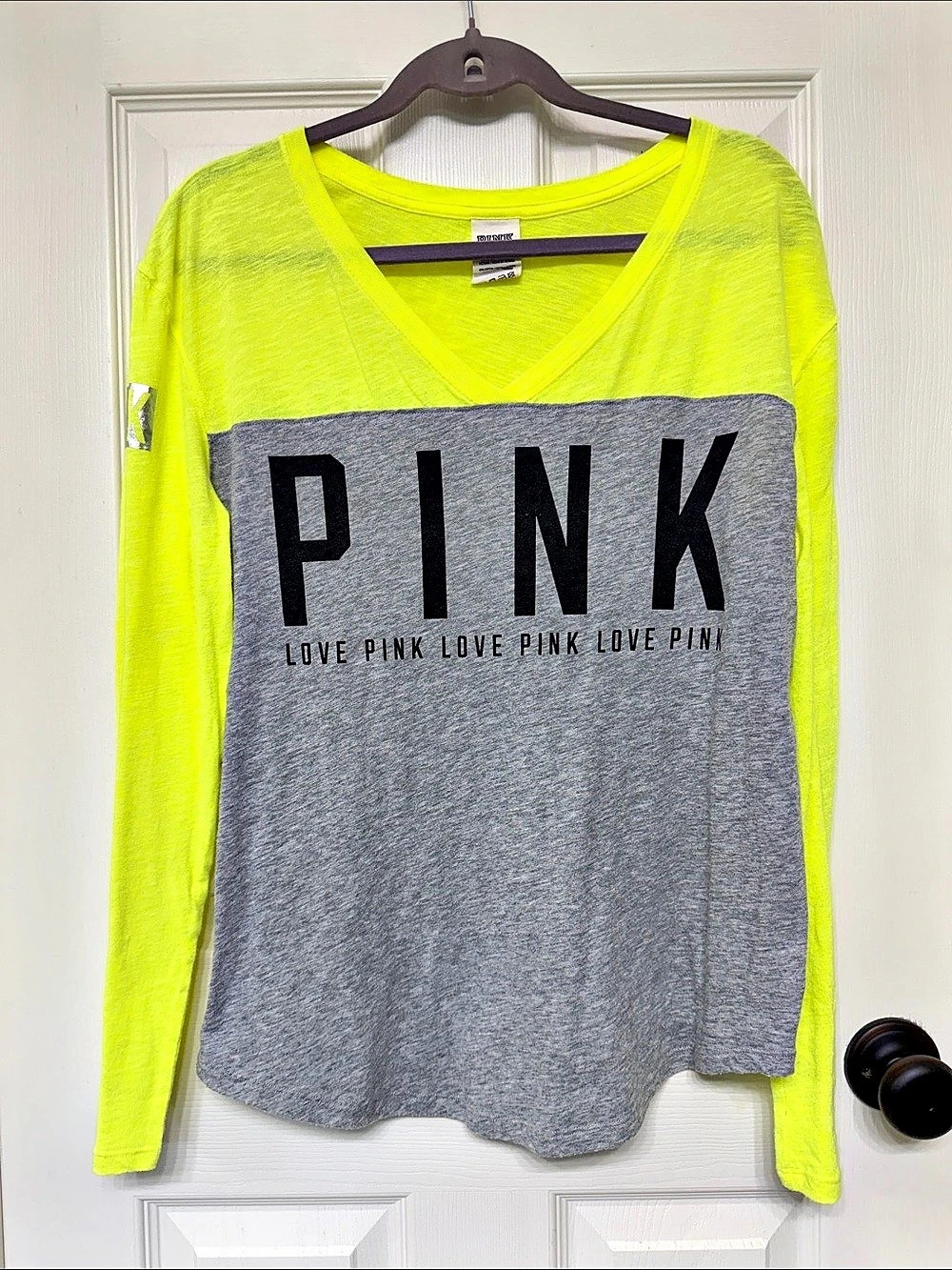 Victoria's Secret PINK Color Block Long Sleeve Tee in Yellow & Gray Size Medium
